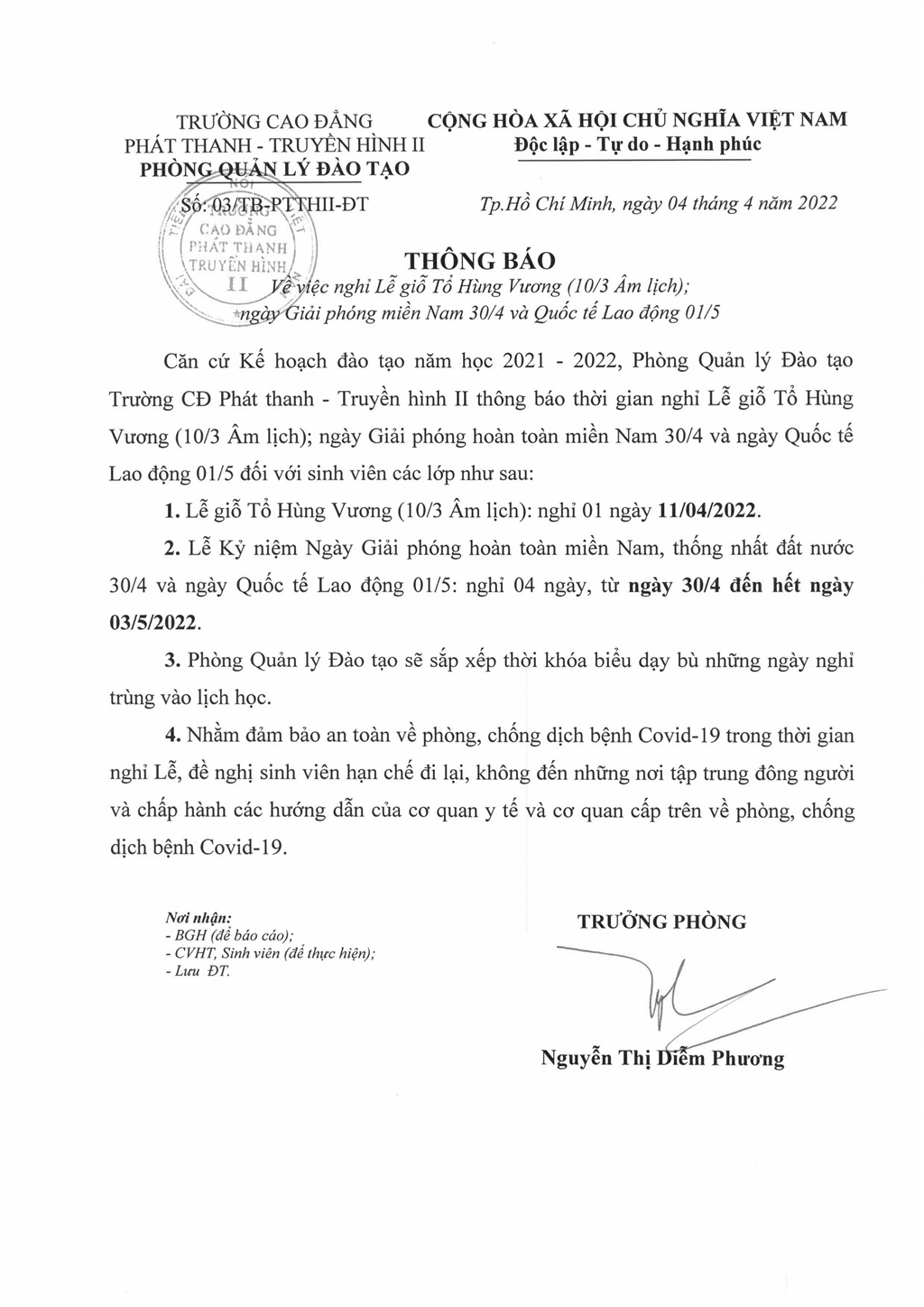 Thông báo về việc nghỉ lễ giỗ Tổ Hùng Vương (10/3 âm lịch), ngày Giải phóng miền Nam 30/4 và Quốc tế Lao động 01/5