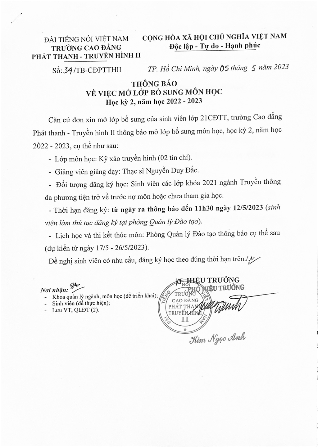 THÔNG BÁO VỀ VIỆC MỞ LỚP BỔ SUNG MÔN HỌC, HỌC KỲ II, NĂM HỌC 2022 - 2023