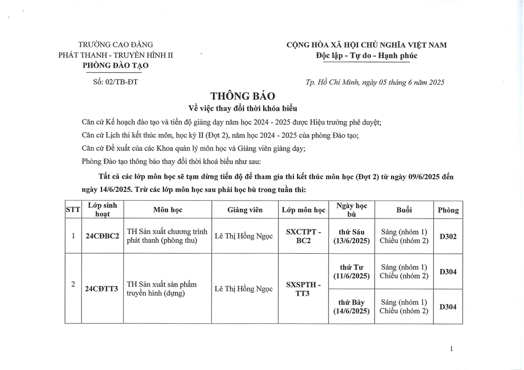 Thông báo về việc thay đổi thời khoá biểu
