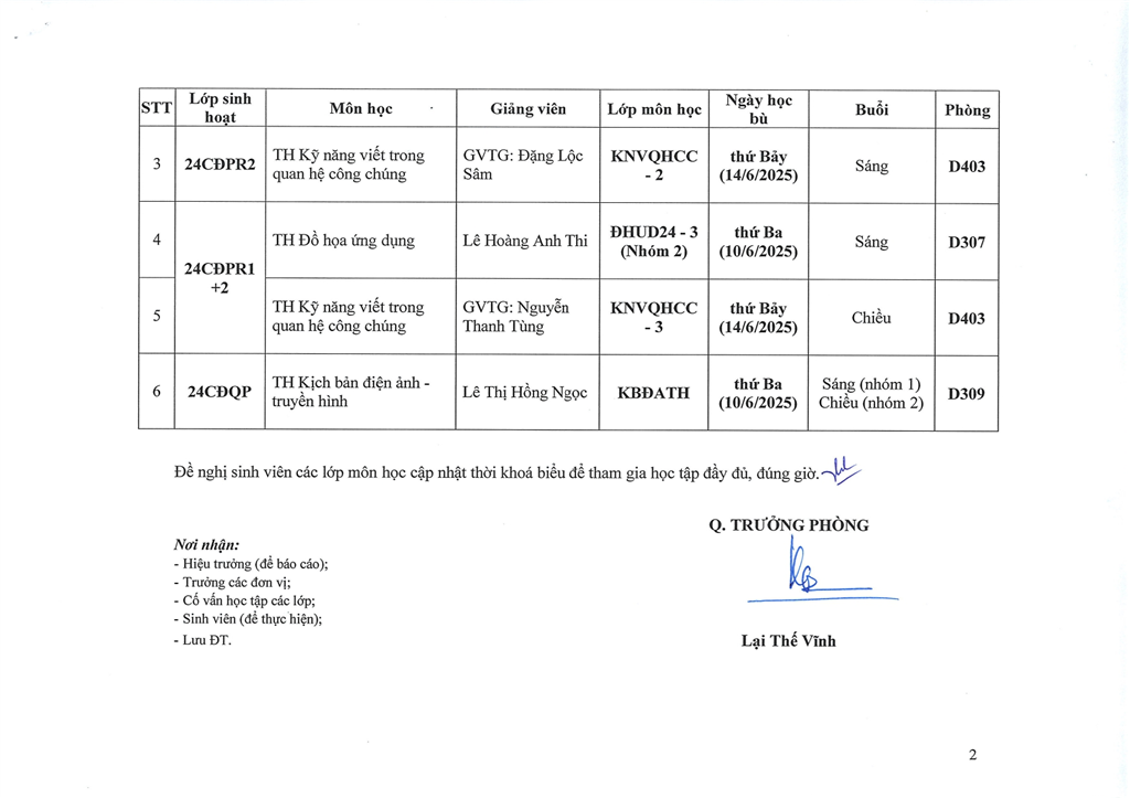 Thông báo về việc thay đổi thời khoá biểu